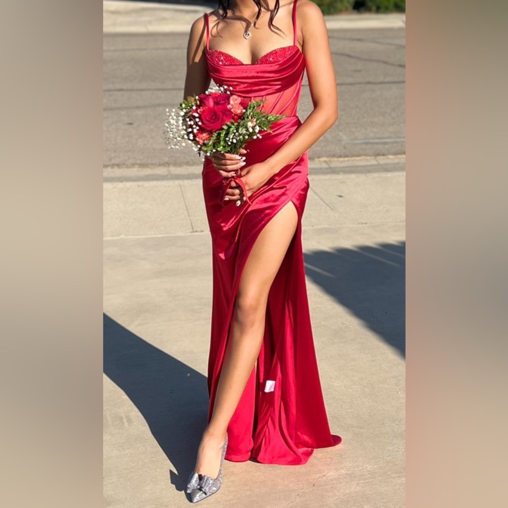Beaded Fitted Corset Satin Slit Gown by LADIVINE-CINDERELLA DIVINE